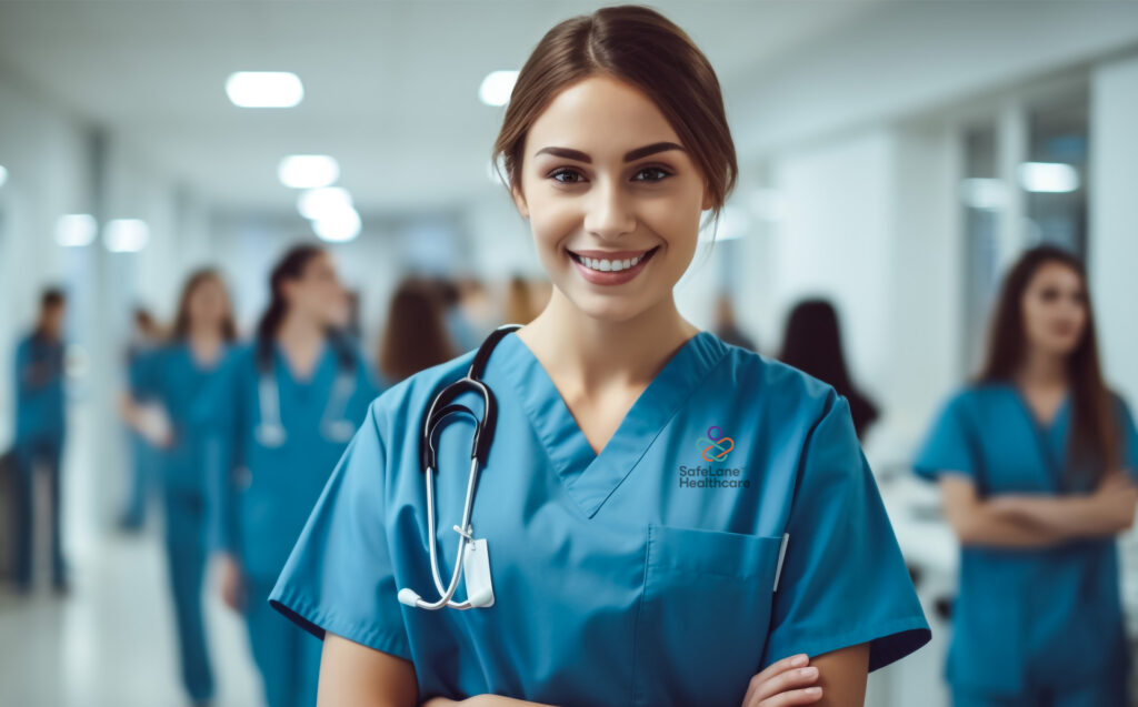 A smiling nurse from SafeLane Healthcare stands at the front, holding a stethoscope, surrounded by fellow nurses