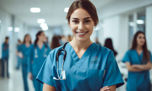 A smiling nurse from SafeLane Healthcare stands at the front, holding a stethoscope, surrounded by fellow nurses