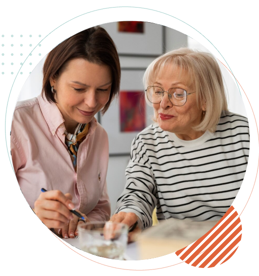 An aged care woman asks another lady questions and gets information about her plan.